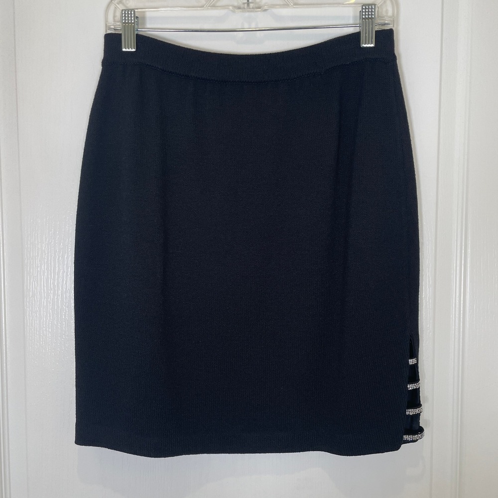 St. John Evening Marie Gray Black Santana Knit Skirt Rhinestone Side Slit Size 6